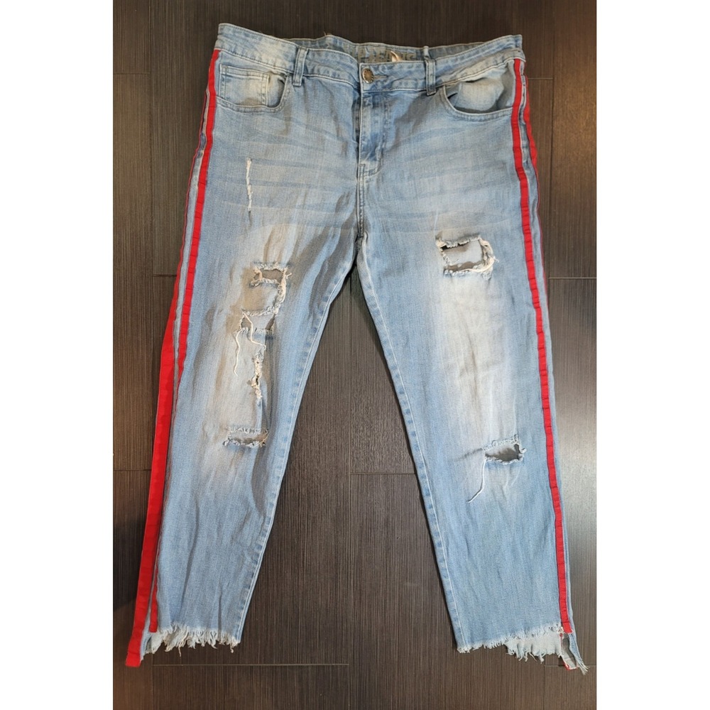 V.I.P. Womens jeans size 14 Red Stripes on sides Distressed cut offs faded